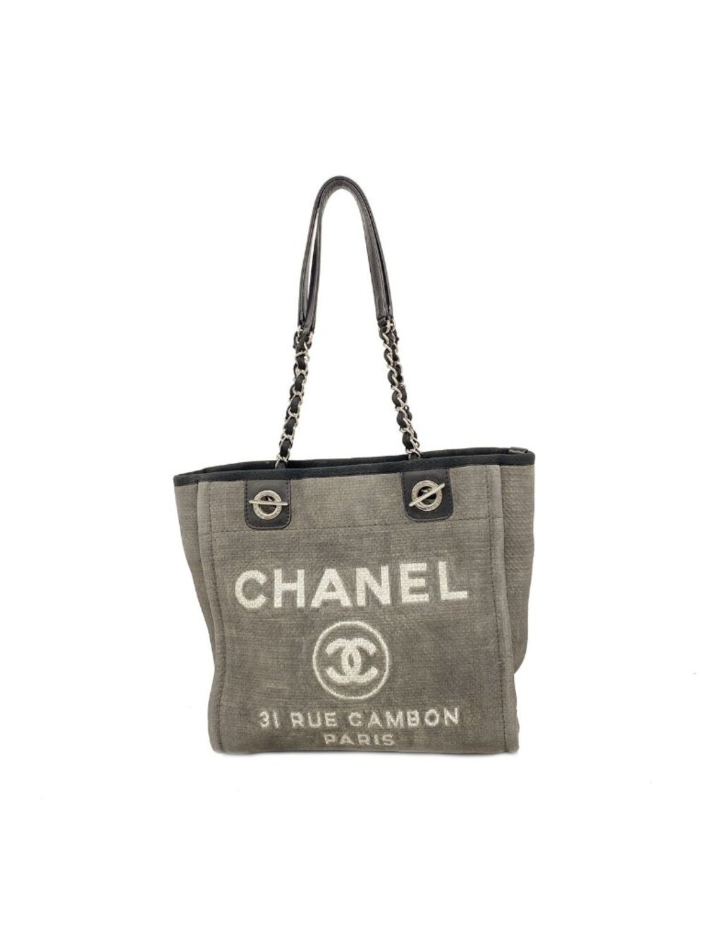 Chanel Chain Tote Bag Deauville Canvas Gray Silver